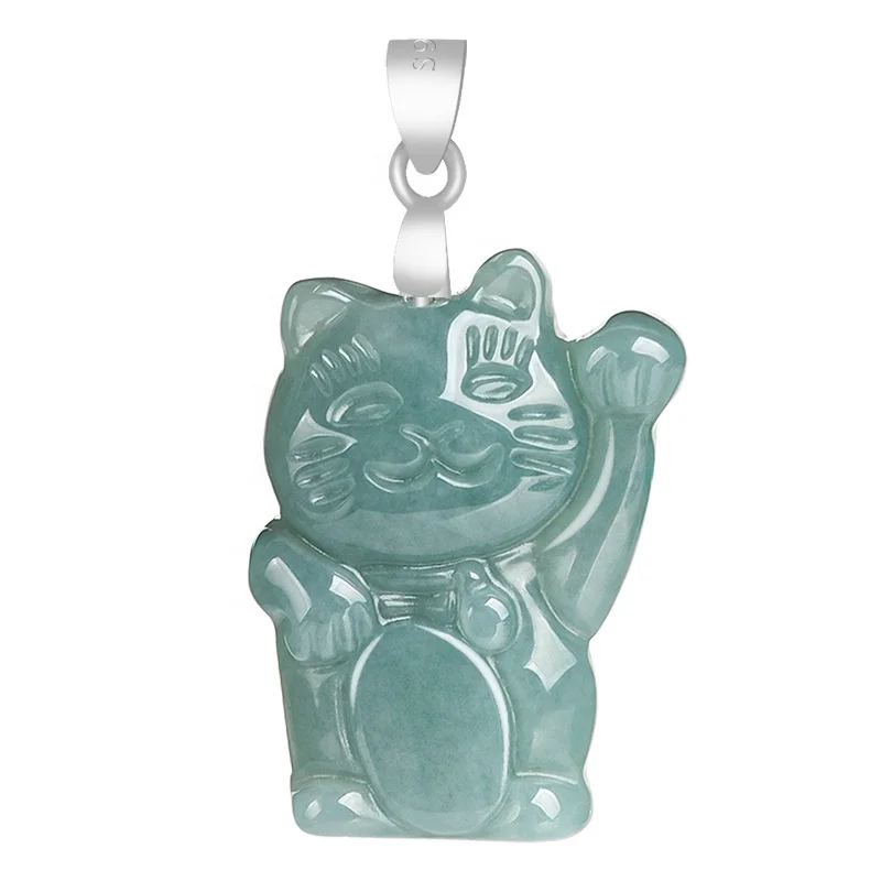 Natural Jadeite blue water lucky cat pendant S925 silver inlay female accessories give appraisal certificate D042