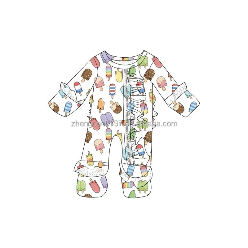 Wholesale Baby Clothes Warm Zipper Romper Custom Rugby Flower Print Bamboo Ruffle Onesie One Piece Pajamas For Kids