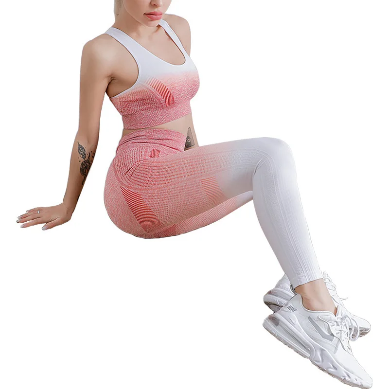 Womens Gym Sets Gradient Seamless 2 Piece Yoga Fitness Clothes Knitted Workout Fast Drying Moisture Wicking Breathable Soft Legg