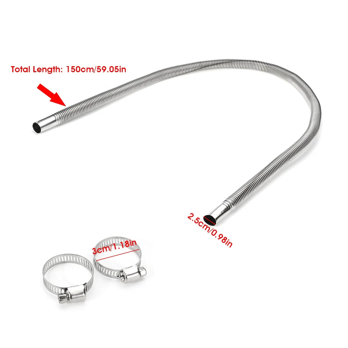 150/200cm Air Parking Heater Exhaust Pipe for Diesel With 2 Clamps Stainless Steel Fuel Tank Hose Tube