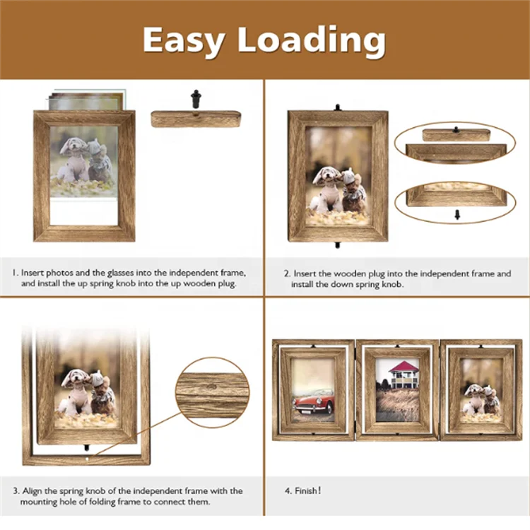 Rustic 4x6 double-sided display rotatable hinged folding triple picture wood creative frame photo for home tabletop