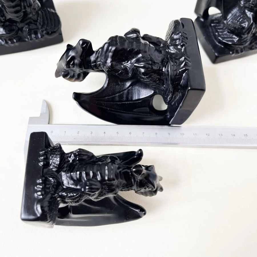 Natural Obsidian Flying Dragon Carved Quartz Crystal Dragon Statue Figures