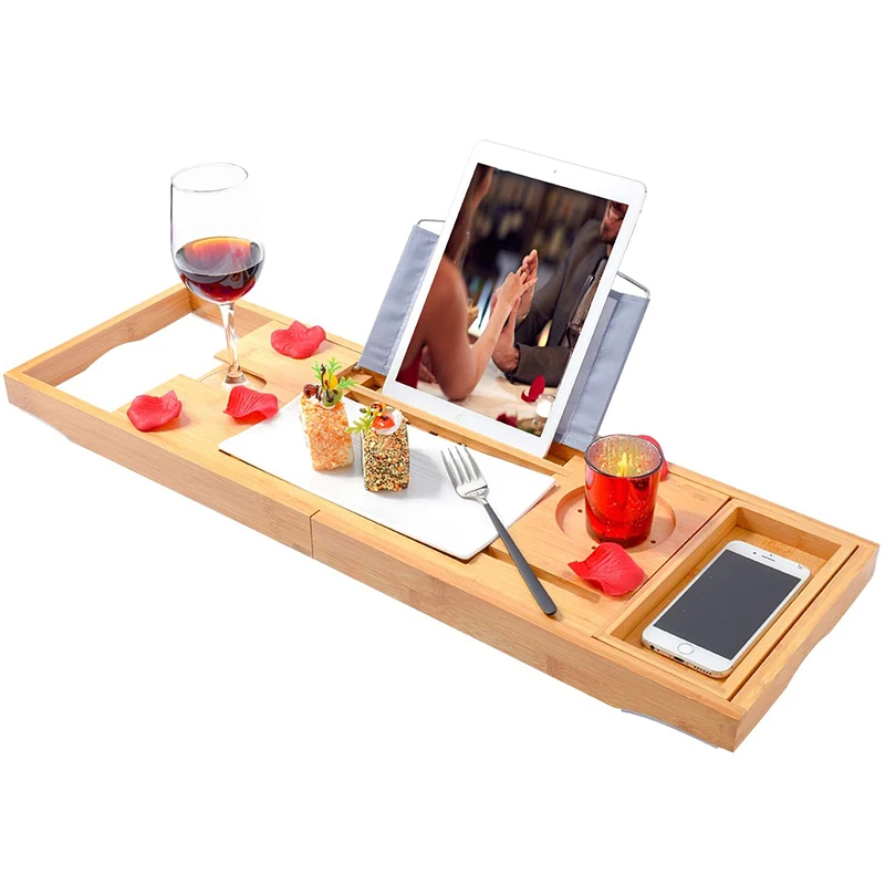 Wholesale Luxury Multi-function Rectangle Expandable Bamboo Caddy Bath Tub Bathtub Tray