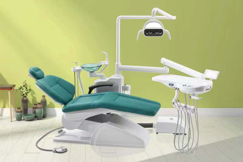 Complete Set Economic Dental Unit Chair with Dentist Stool Scaler Curing Light Handpiece Air Compressor Camera Wooden Case Ce E3