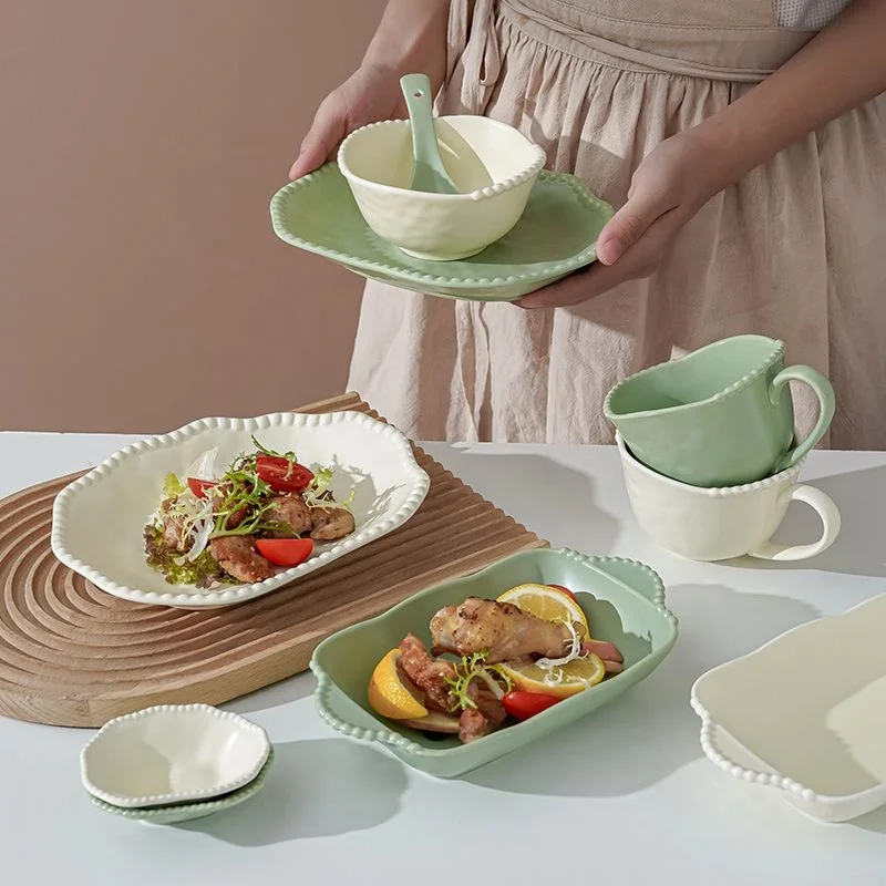 Nordic Ins Style Matte Ivory Light Green Colors Ceramic Coffee Cup Porcelain Dinnerware Sets for Sale