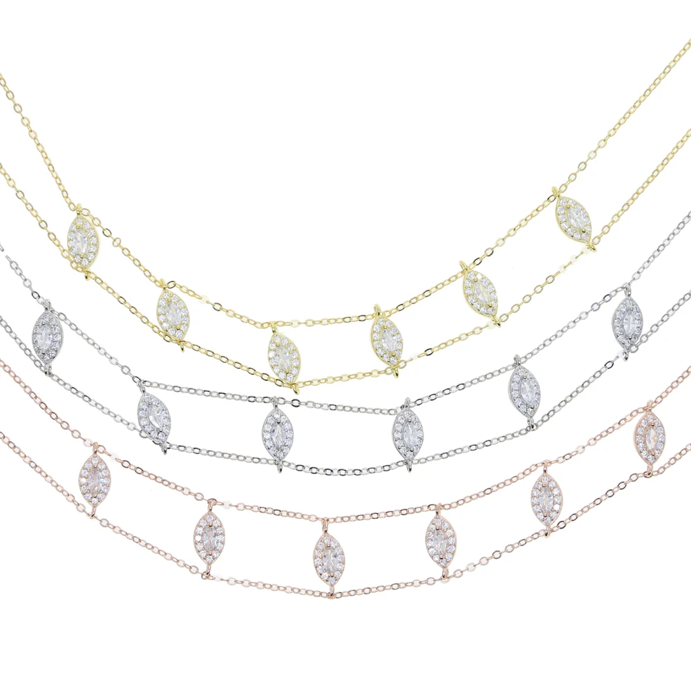 100% 925 Sterling Silver Sparking CZ Wedding Engagement Jewelry Marquise CZ Double Chain Women Choker Necklace