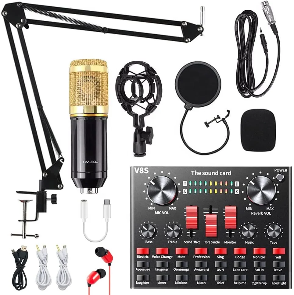 Biucam V8S BM800 Live Broadcast Equipment Condenser Microphone Kit with Live Sound Card for Studio Recording Broadcasting