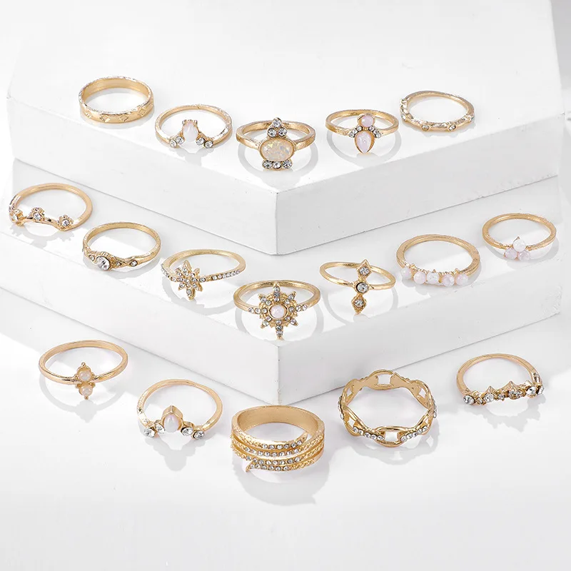 Boho 17pcs/sets Luxury Clear Crystal Stone Wedding Gold Finger Ring Sets for Women Men Water Drop Flowers Sun Geometric Jewelry