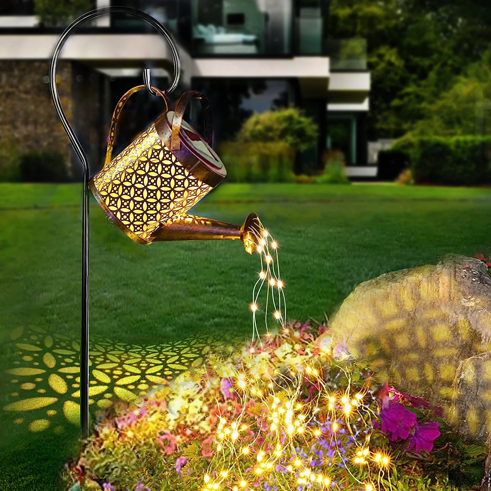 Outdoor Patio Yard Pathway Plant Vine Lights Solar Waterproof Fairy Lights Hanging Metal Waterfall Solar Watering Can Light