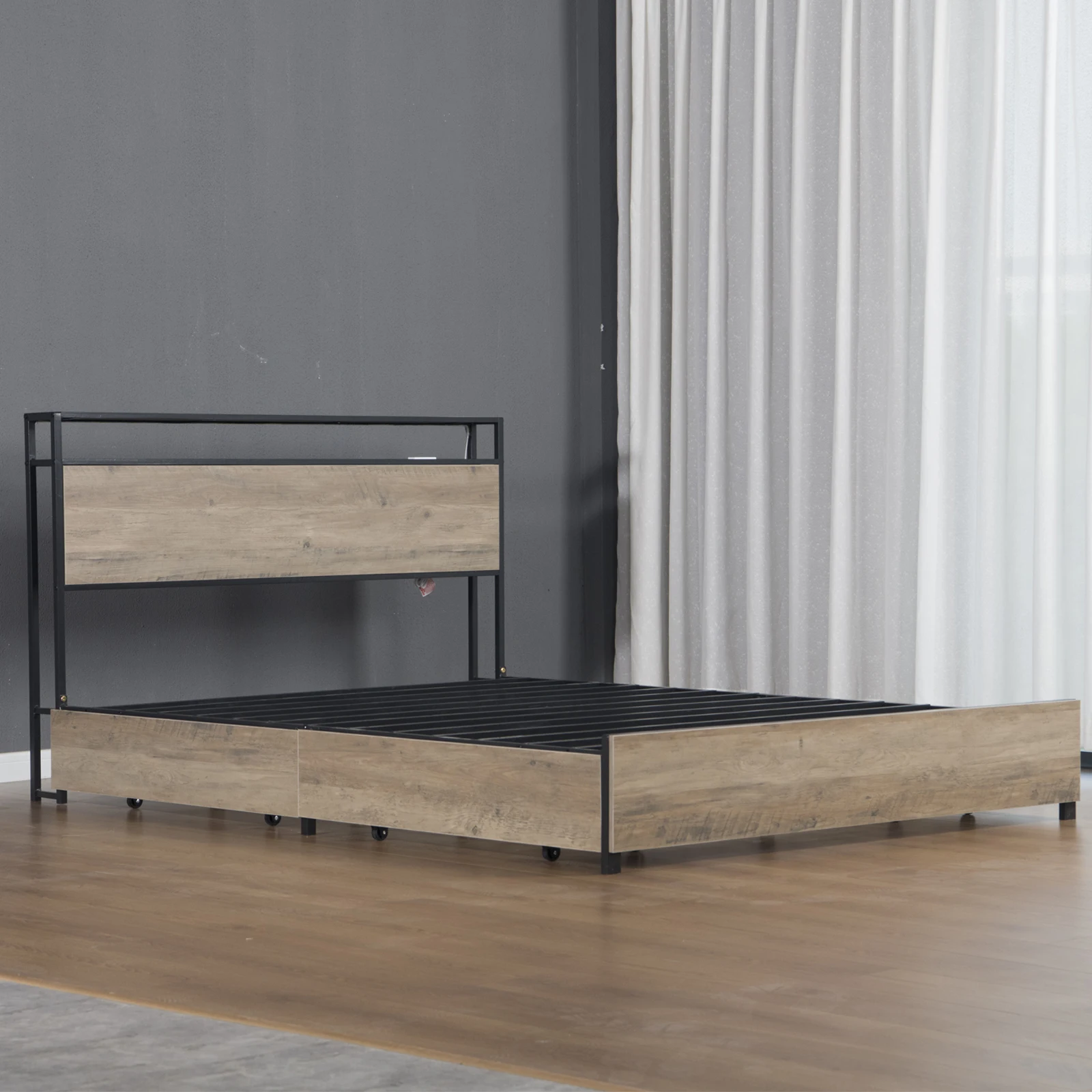 Willsoon Modern Design Metal Bed Wooden Headboard Solid wood metal LED bed Double size