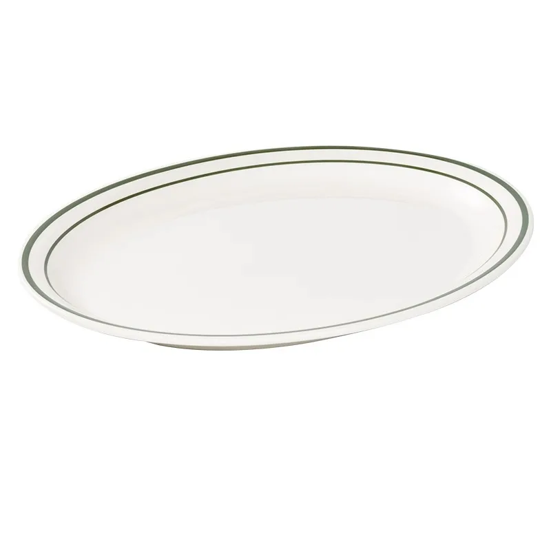 Best Seller Custom Nordic Unbreakable Green Line Oval Melamine Dining Plate Hotel Restaurant Creative Cold Dish