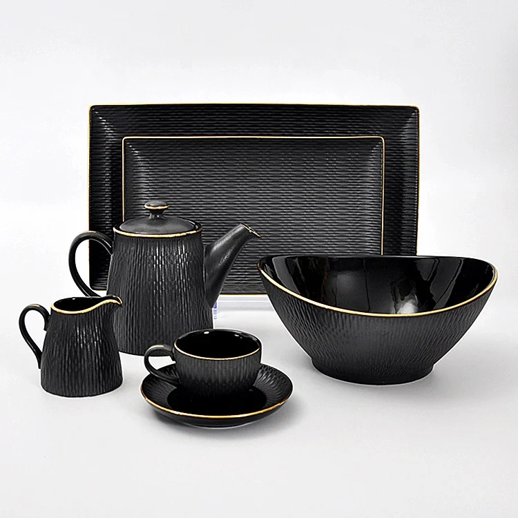 Матовый черный прямоугольный 10 дюймов с суповую тарелку, производство Китай с золотым ободком для hositality для банкетов и свадеб питания оптом