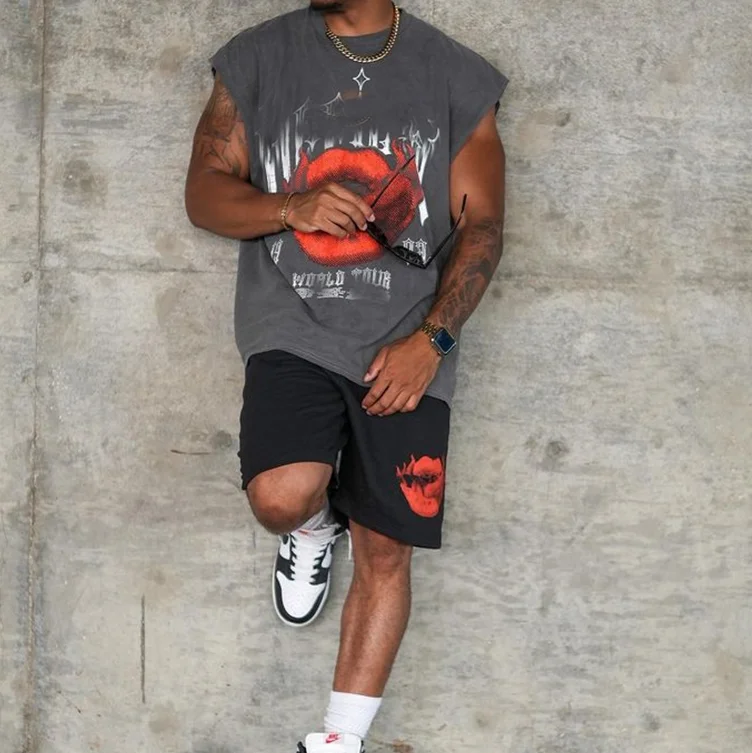 Vintage Sweatsuit Set Men Mens Top Track Suit Muscle Tee Shirt Short Set