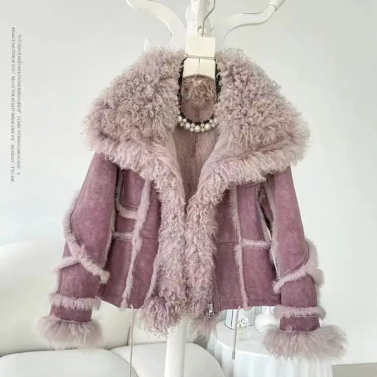 Custom Soft Women Elegant Warm Luxury Double Sided Sheepskin Fur Jacket Winter Ladies Genuine Shearling Wool Sheep Leather Coat