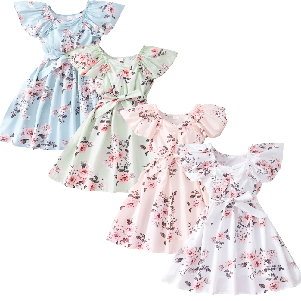 Hot Sale Fashion Style Summer Dress for 8-12 Years Old Girls O-Neck Floral Ruffle Dresses Long Knee-Length