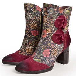 Women Floral Genuine Leather Ankle Boot Handmade High Heels Ankle Booties Boot Lady Winter Shoe