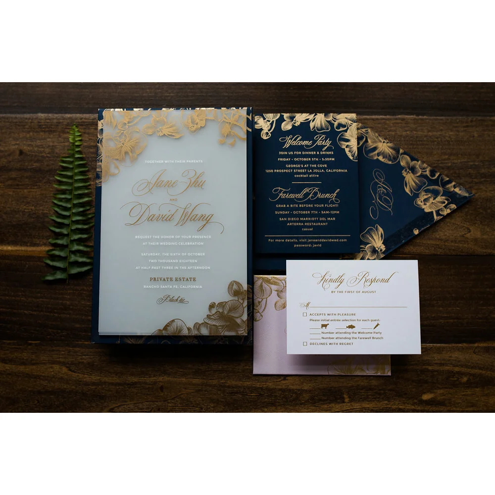 Modern Chinese Elegant Blue White Orchid Acrylic Wedding Invitations with Hot Foil and white acrylic cards with gold text