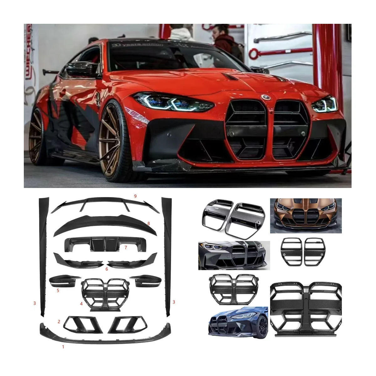MP Style Dry Carbon Fiber Body Kit For BMW G80 M3 G82 m4 2021 2022 Front lip mirror cover grille side skirt diffuser spoiler