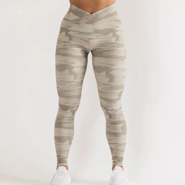 Women v-shape printed gym fitness squat poof yoga wear compression nylon spandex leggings