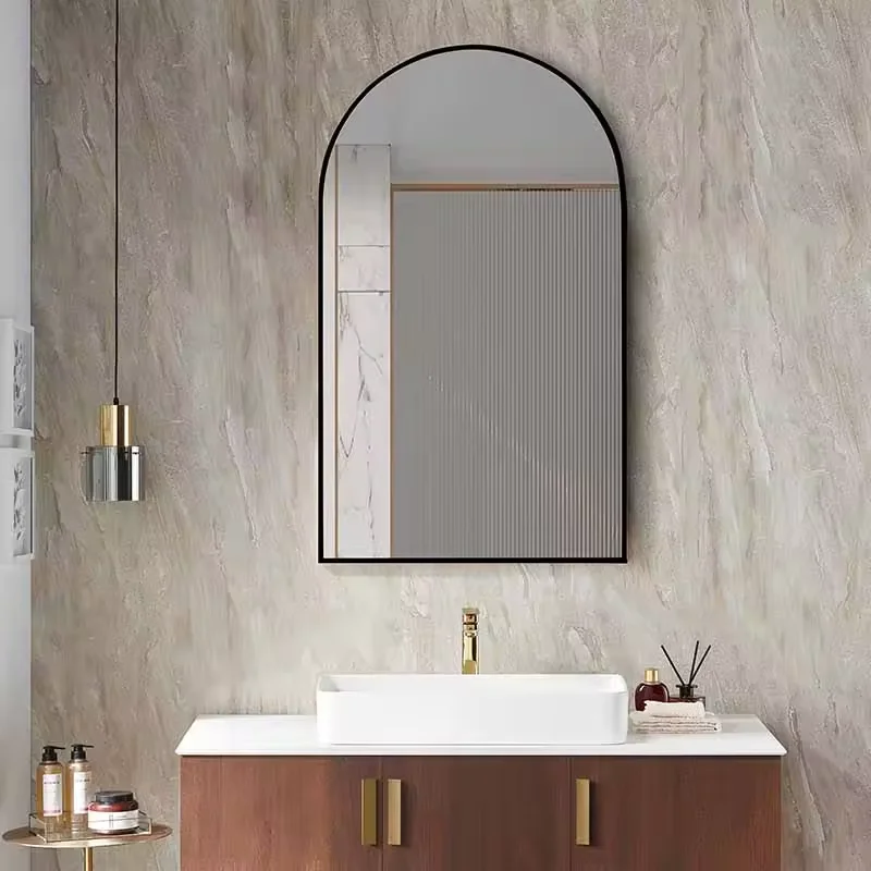 Modern Simple Design Oval Bathroom Glass Mirror Arched Rustproof Metal Frame Wall Mounted Vanity Bathroom Cabinet Mirror