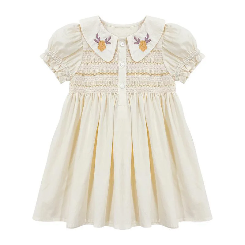 Baby Clothes Summer Kids Bishop Smocked Floral Dress Embroidered Collar Cute Girls Casual Dresses