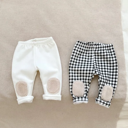 Wholesale Baby Unisex Rib Cotton Knit Legging Tights Fleece Winter Warm Baby Girl White Legging with Patches