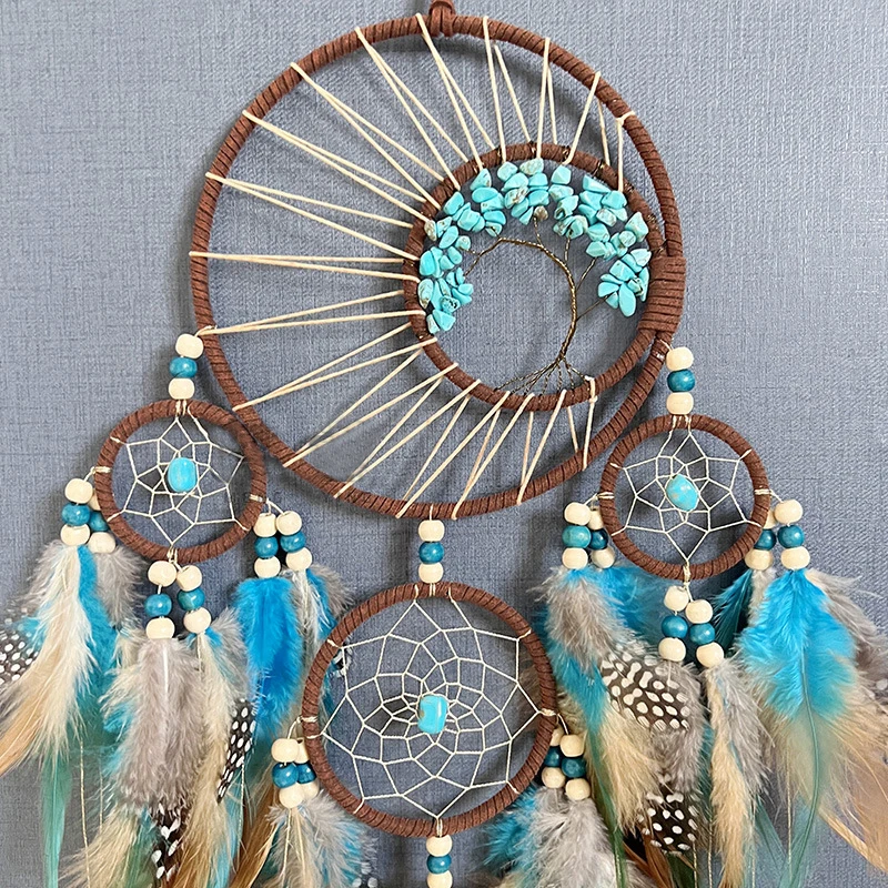 Handmade Bohemian Turquoise Dream Catchers with Feathers Large Wall Hangings for Home Decor
