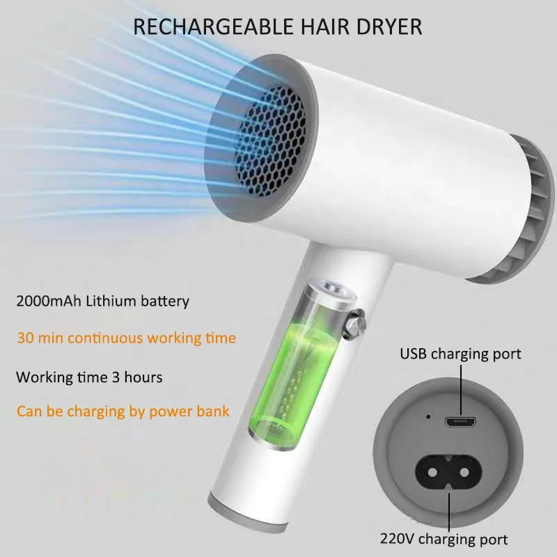 Batteries Hair Blower USB Charging Hair Dryer Wireless Rechargeable