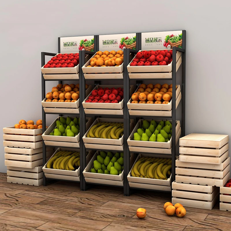 Shelves Supermarket Store Fruits and Vegetable Display Super Market Wooden Fruit Vegetable Display Rack Case Duty Wood Heavy