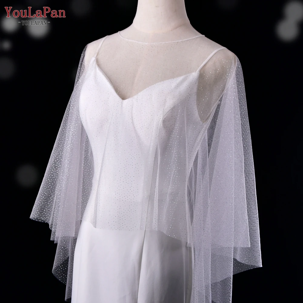 YouLaPan VG75 Front Short Back Long Woman Dress Cape White Champagne Glitter Gauze Pullover Shawl Free Size Bridal Bolero