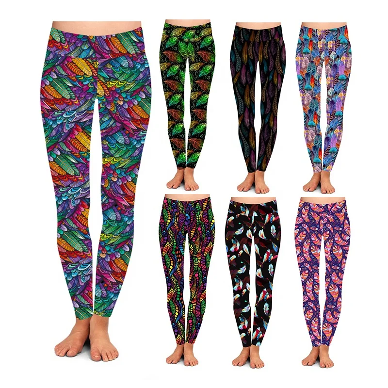 Buttery Soft 92% Polyester 8% Spandex High Waist Ladies Tights Multicolor Feather Printed Leggings For Women