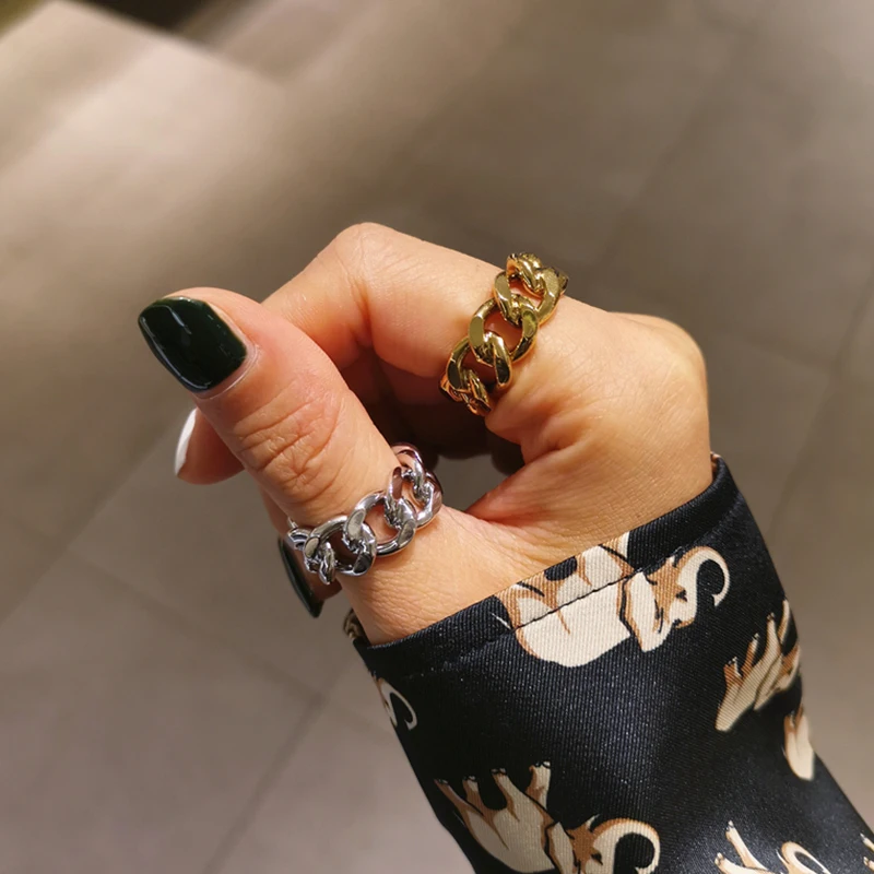Gold Silver Color Chunky Chain Rings Link Twisted Geometric Rings for Women Vintage Open Rings Resizable 2019 Trendy Jewelry