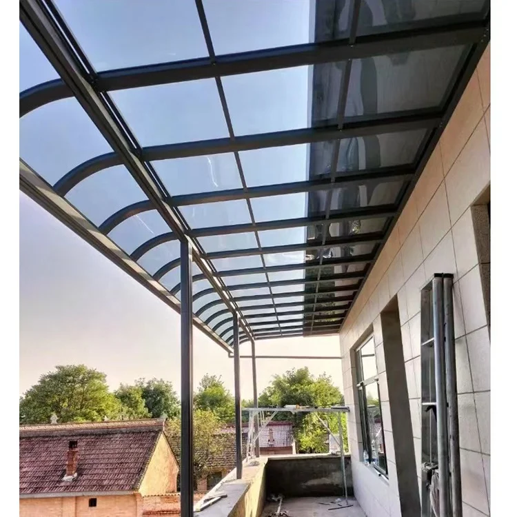 Unbreakable aluminum frame awning window with a fixed clear glass canopy over the entrance door