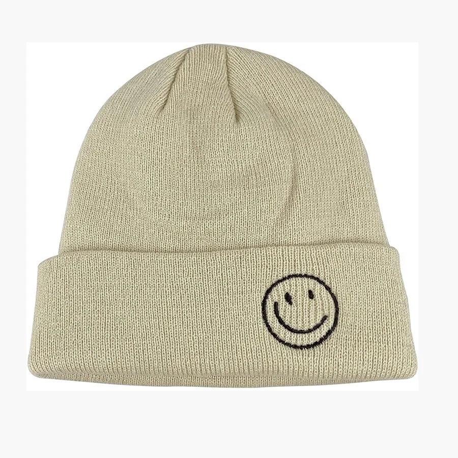 Design Your Own 2021 Winter Men Womens Acrylic Daily Smile Face Embroidered Long Knit Beanie Custom
