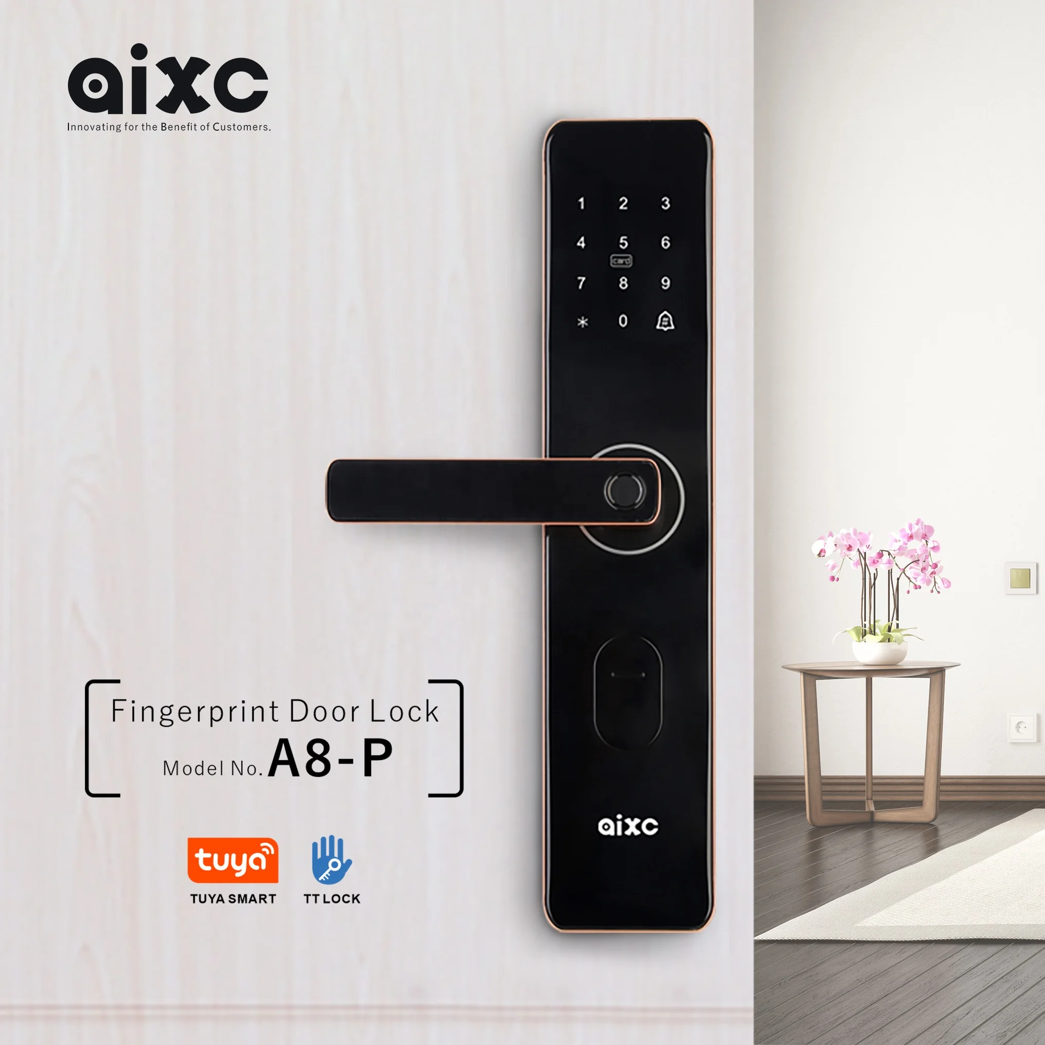 AIXC Security Electric door lock wireless doorbell wifi tuya app ttlock waterproof Fingerprint Locks Finger Touch Screen