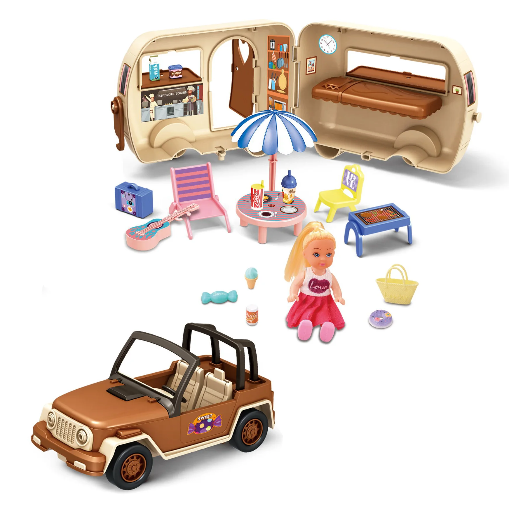 Children Preschool Toys Pretend Play Touring Car With Sounds Doll Simulation Bus Camping Set for Kids