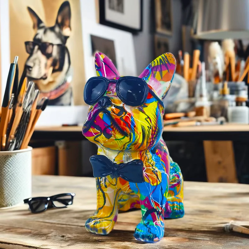 Creative Water Transfer Printing Resin Bulldog Sculpture Colorful French Bulldog Statue With Sunglasses Home Decor
