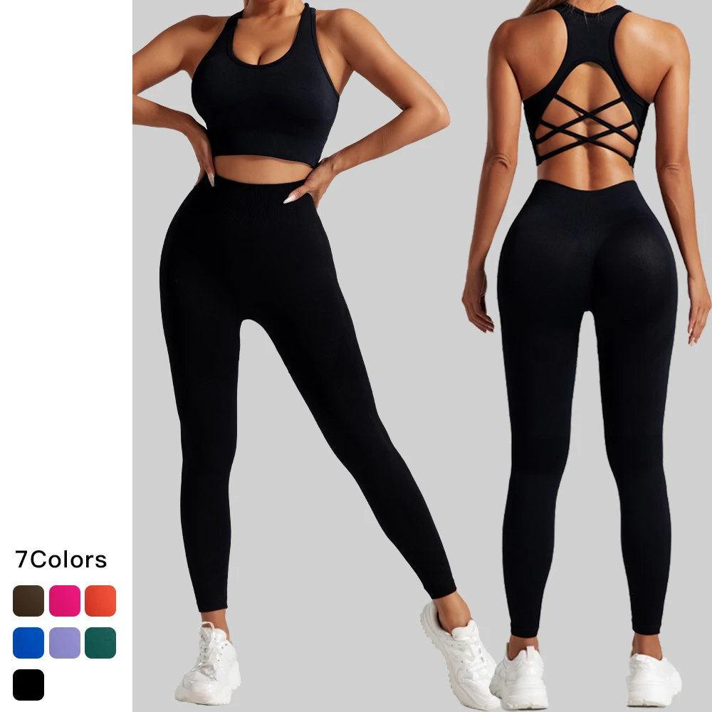 Custom Logo Women 2 Piece Seamless Yoga Set Cross Back Sports Bra Scrunch Butt Workout leggings Gym Fitness Active Sets