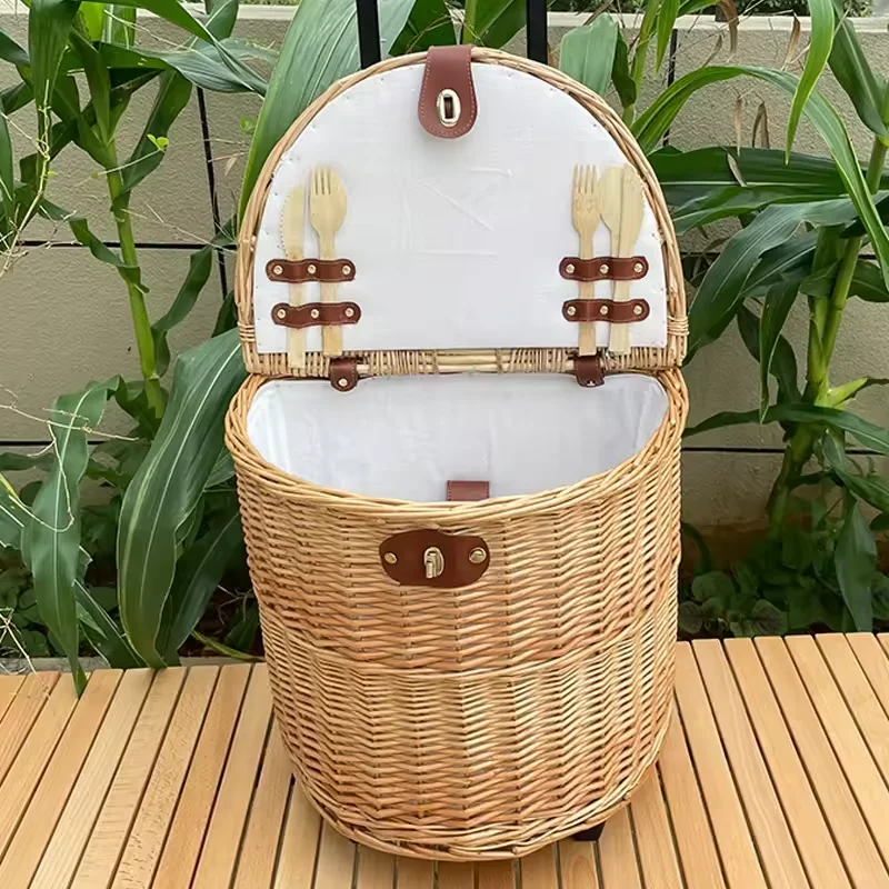 JY Wholesale  Decorative Woven Picnic Basket Wicker Wicker Picnic Basket Set Round Insulated Wicker Picnic Basket with Wheels