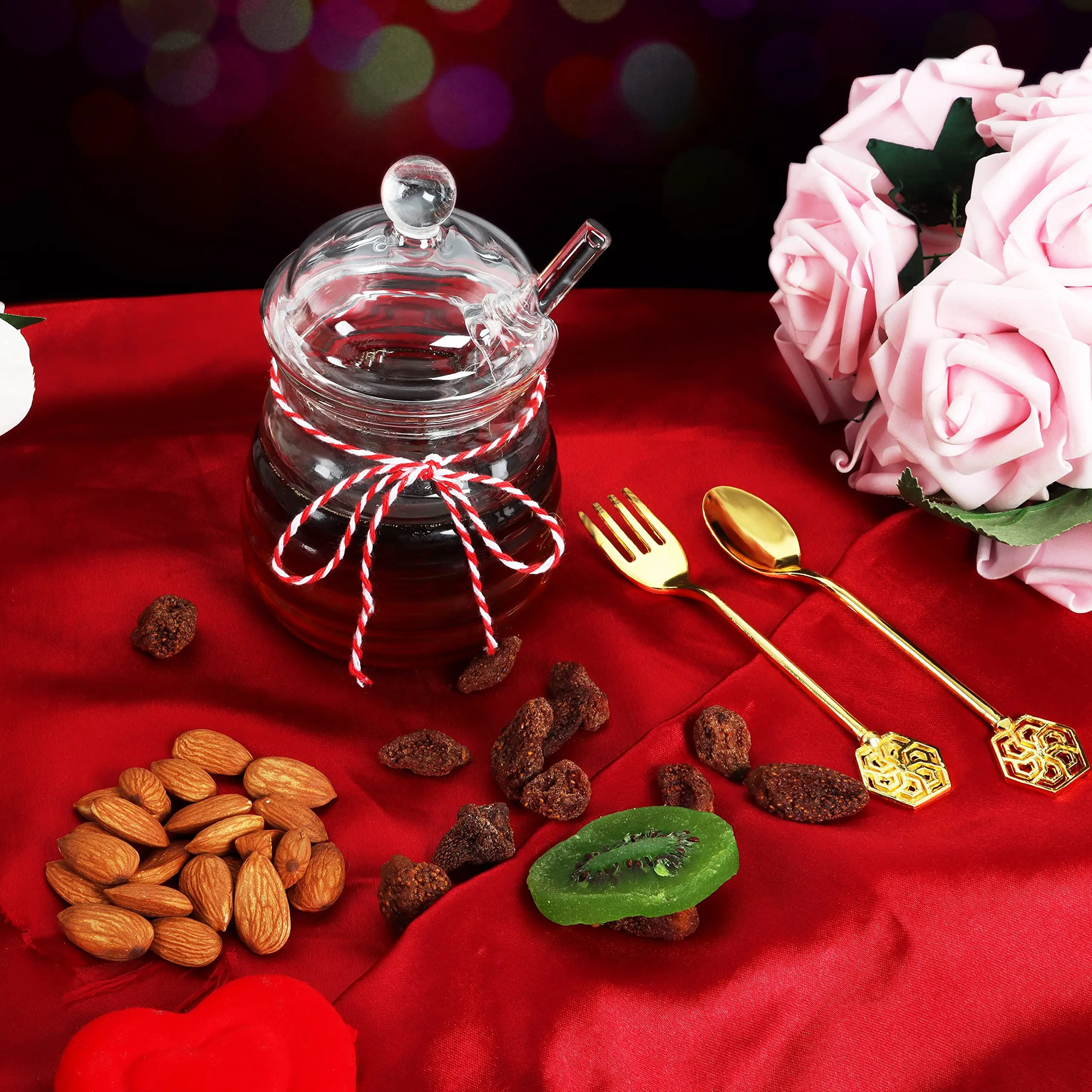 TS Creative Design Honey Pot With Dipper & Lid for Home Kitchen Reusable Round Glass Honey Jar