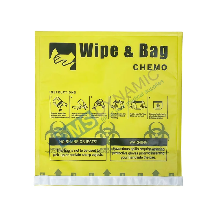 Lab wipe bags yellow chemo built-in absorbent wipe pad an adhesive tape heavy duty bag easy to cleanup best for lab hospital