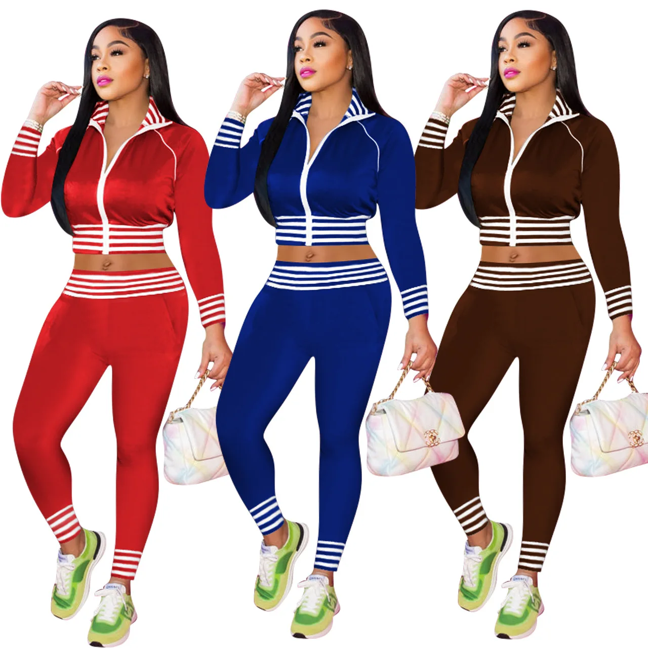 2023 Hot selling tracksuit solid color casual waist thread stand collar sports crop top suits clothes women two-piece set