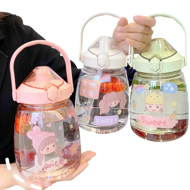 1100ml 32 oz motivational plastic large capacity cute school kids water bottle with straw strap for children bpa free