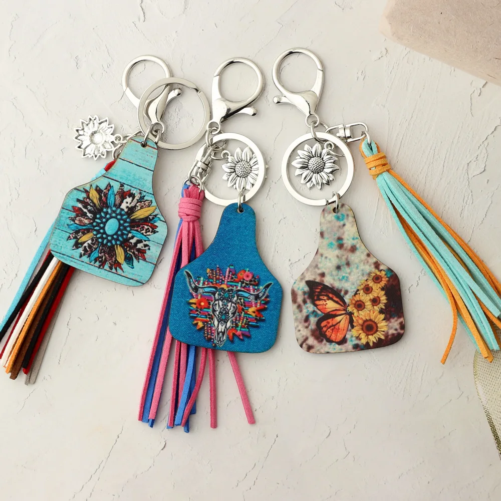 Western Vintage Long Tassel Sunflower Pendant Key Ring Cowboy Bull Head Dairy Cattle Print Cow Brand Wooden Keychain