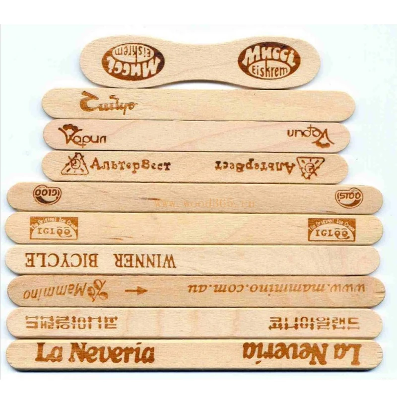 Eco Friendly Food Grade Disposable 114*10*2Mm Logo Stamp Engraved Flat Mini Wood Birchwood Round Ice Cream Stick