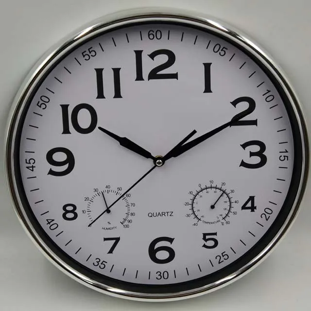 14 inch simple style electroplating silver frame and pvc temperature and humidity face plastic wall clock