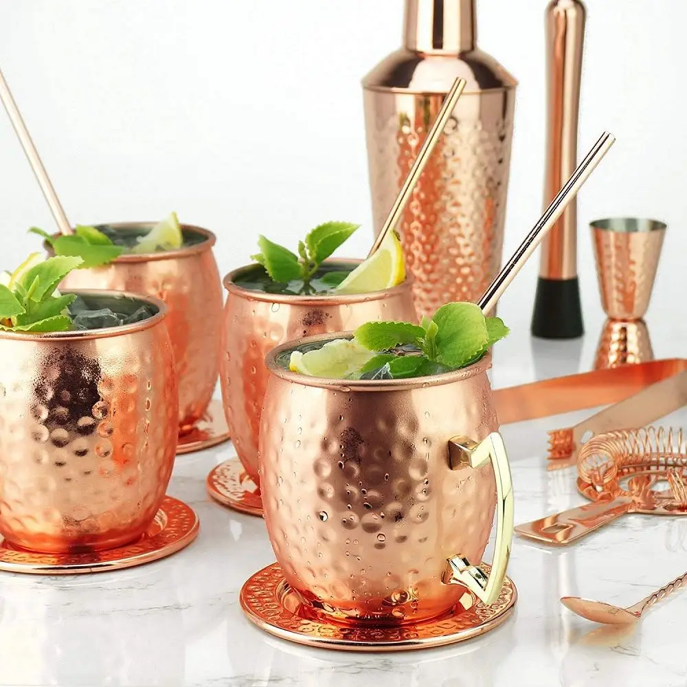 530ML Hammered Moscow Mule Mugs, 304 Stainless Steel Lining and Pure Copper Plating with Gold Brass Handles