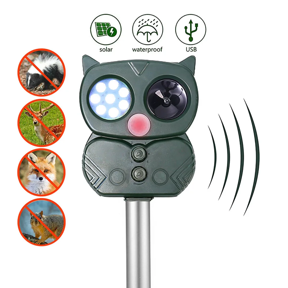 2023 New Solar Animal Repeller 5 Gear 8 LEDs Infrared Sensor Owl Ultrasonic Bird Cat Dog Beer Repeller IP65 Outdoor Garden