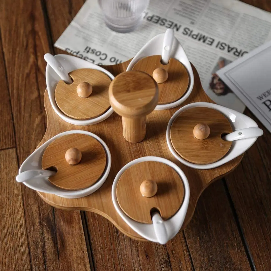 White Ceramic Condiment Pots Set with Bamboo Lid&Rack Stand.Ceramic Sugar Bowls&Spice Jars Set for Kitchen.
