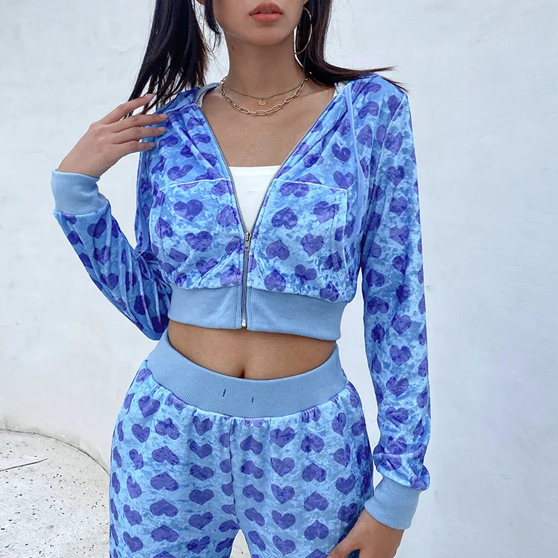 Sexy Casual Loose Top Zipper Velvet Hoodie Sweater Lace-Up Trousers Sports And Leisure Two-Piece Suit For Women